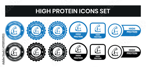 high protein food label emblem flat color vector illustration template design. high protein sign, logo, badge, icon, sticker, label, emblem, stamp, symbol, black, line, flat vector.