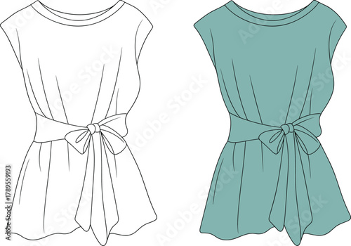 Women blouse top fashion flat sketch, bow waist tie design, casual elegant apparel template, technical clothing CAD drawing, vector illustration