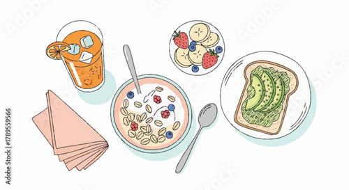 Top view vector illustration of a healthy breakfast spread including a yogurt bowl with berries, avocado toast, and fresh orange juice