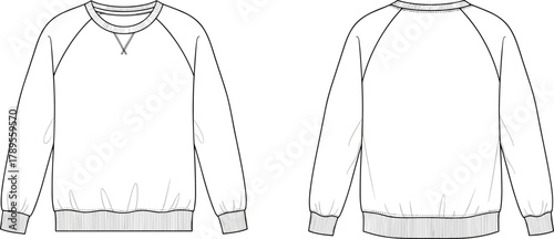 Raglan sleeve crew neck sweatshirt technical flat sketch with triangular stitching detail, ribbed cuffs and hem, front and back vector illustration for apparel template.