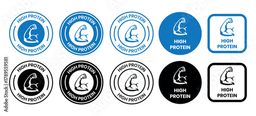 high protein food label emblem flat color vector illustration template design. high protein sign, logo, badge, icon, sticker, label, emblem, stamp, symbol, black, line, flat vector.