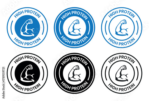 high protein food label emblem flat color vector illustration template design. high protein sign, logo, badge, icon, sticker, label, emblem, stamp, symbol, black, line, flat vector.