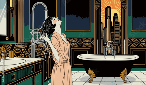 A stylish woman in a pink robe washes her hair in a lavish Art Deco bathroom with a view of a golden cityscape illustration