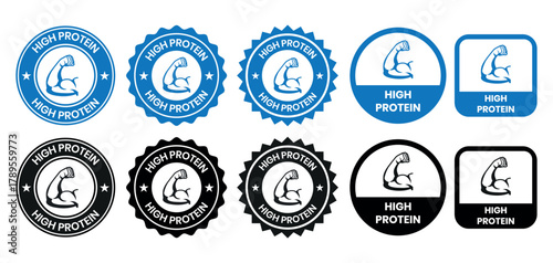 high protein food label emblem flat color vector illustration template design. high protein sign, logo, badge, icon, sticker, label, emblem, stamp, symbol, black, line, flat vector.