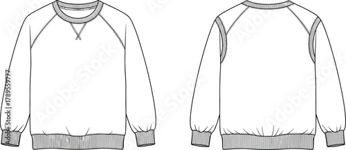 Raglan sleeve crew neck sweatshirt technical flat sketch with triangular stitching detail, ribbed cuffs and hem, front and back vector illustration for apparel template.