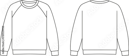 Basic raglan sleeve crew neck sweatshirt vector illustration with ribbed cuffs and hem, front and back technical CAD fashion flat sketch for apparel design template.