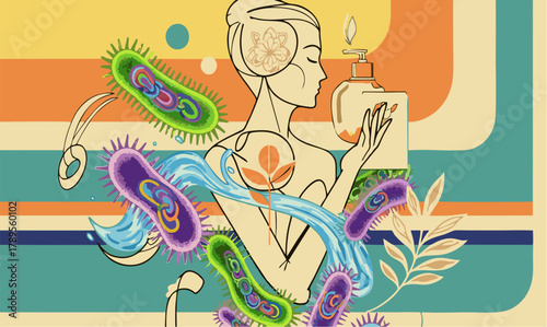Illustrative concept of a woman applying natural hygiene product, symbolizing protection against bacteria and promoting overall health, wellness, and cleanliness