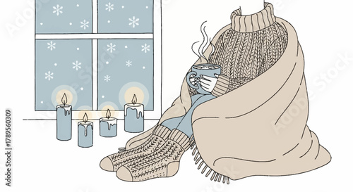 Cozy winter night illustration featuring a person snuggled in a blanket, sipping a hot drink by a snowy window with candles glowing softly