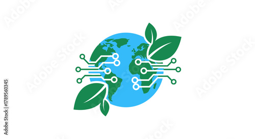 Go Green with Tech Solutions Showing the World Globe, Leaf Accents and Circuit Board Style Connectivity for Sustainable Innovation Concepts