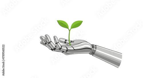 Robotic hand delicately holding a vibrant green sprout, symbolizing technology fostering nature, a future-focused concept for innovation and growth