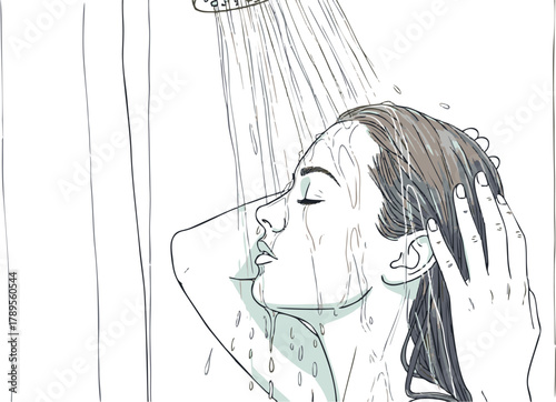 A young woman enjoying a refreshing shower, with water cascading down her hair and face