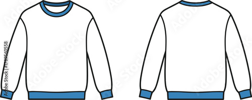 White crew neck sweatshirt with blue contrast color ribbed cuffs, collar and hem, front and back technical CAD fashion flat sketch vector illustration for apparel.
