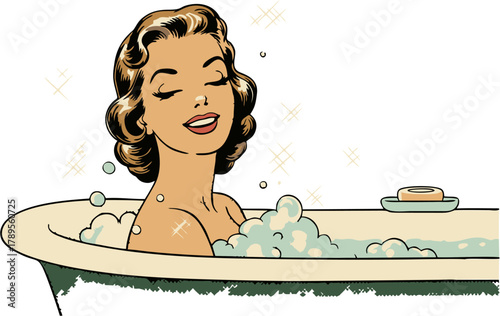 Woman enjoying a relaxing bubble bath in a vintage bathtub, a moment of self-care and rejuvenation