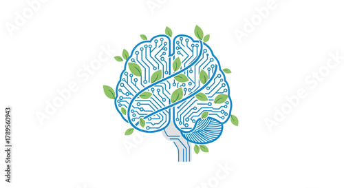 Eco-friendly technology concept shows a circuit board brain with green leaves, representing sustainable innovation and environmentally conscious AI solutions