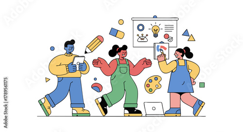 Three cartoon-style characters engaged in creative design activities with art and idea symbols.