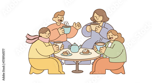 Four people sitting around a table, enjoying hot drinks and pastries in a cafe setting.