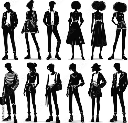 Silhouettes of young people posing in extravagant clothes. Vector silhouettes men and women, illustration. EPS version.
