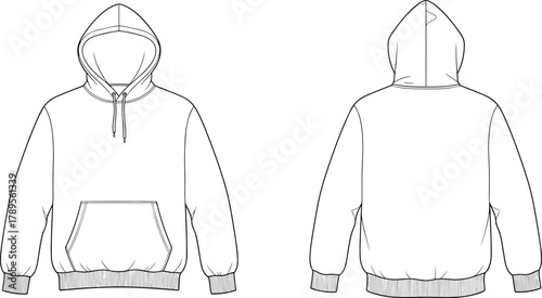 Extremely oversized fit hooded pullover sweatshirt with long sleeves, thick rib cuffs/hem, drawstrings, front kangaroo pocket, technical CAD fashion flat sketch vector illustration.