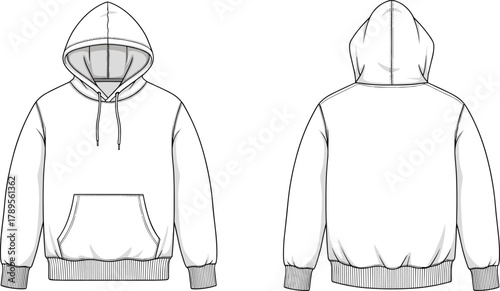 Essential set-in sleeve hooded sweatshirt with deep hood, front kangaroo pocket, adjustable drawstrings, heavy ribbed cuffs and hem, technical CAD flat sketch vector illustration.