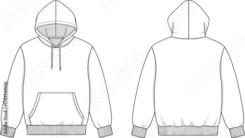 Classic fit hooded sweatshirt with set-in sleeves, adjustable drawstrings, front kangaroo pocket, ribbed cuffs and hem, technical CAD fashion flat sketch vector illustration.