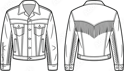 CAD drawing flat vector illustration of western fringe denim jacket front and back view fashion technical sketch apparel design template