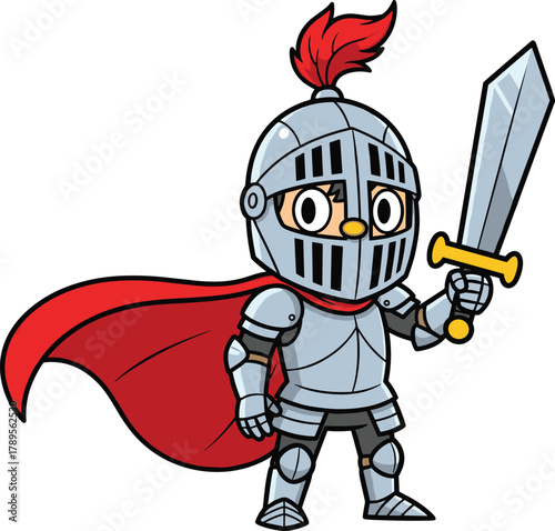 Cartoon knight character in silver armor, red cape and plume, holding sword, medieval warrior illustration, fantasy hero, vector artwork