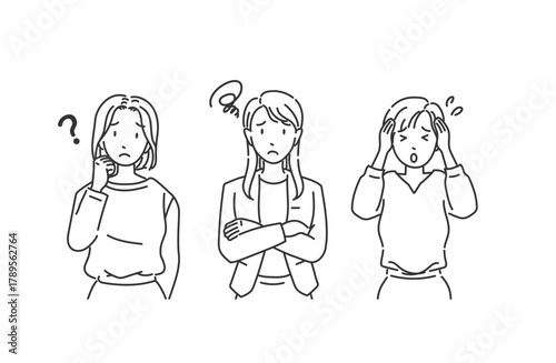 オフィスカジュアル女性 困った表情 モノクロイラスト