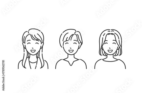 オフィスカジュアル女性 笑顔 モノクロ線画