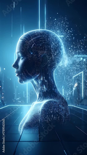 Conceptual Woman's Head Morphing Into Digital Particles With Blue Lights