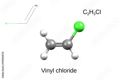 Картината върху платно Chemical formula, structural formula and 3D ball-and-stick model of vinyl chlori