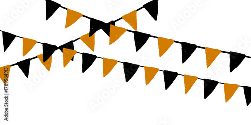 Halloween bunting flags banner pennant garland for party holiday decor. Hand drawn black and orange rope chain. Autumn fairground template for spooky card design. Isolated vector illustration