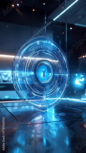 Glowing Shield with Keyhole Design Floating in Futuristic Room