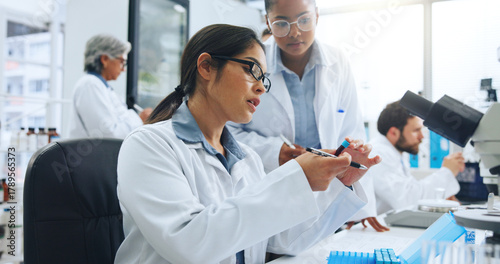 Konstfotografi Woman, scientist and vial with blood sample for exam, text or experiment for medical research