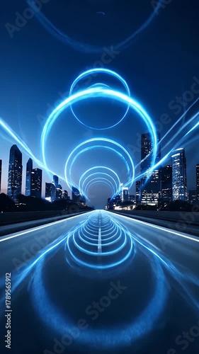 Driving on Highway with Futuristic Glowing Light Circles at Night