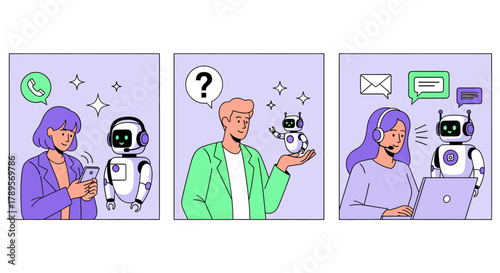 Customer service illustration with people interacting with robots and chatbots for support