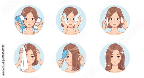 Woman washing her face and hair, stepbystep illustration