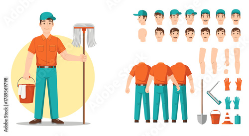 A male cleaner character kit with different body parts, clothes, and cleaning tools for animation