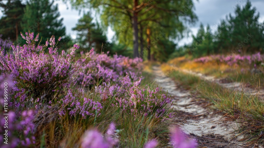 Obraz premium Serene Pathway Through Blooming Heather in a Lush Forest Landscape