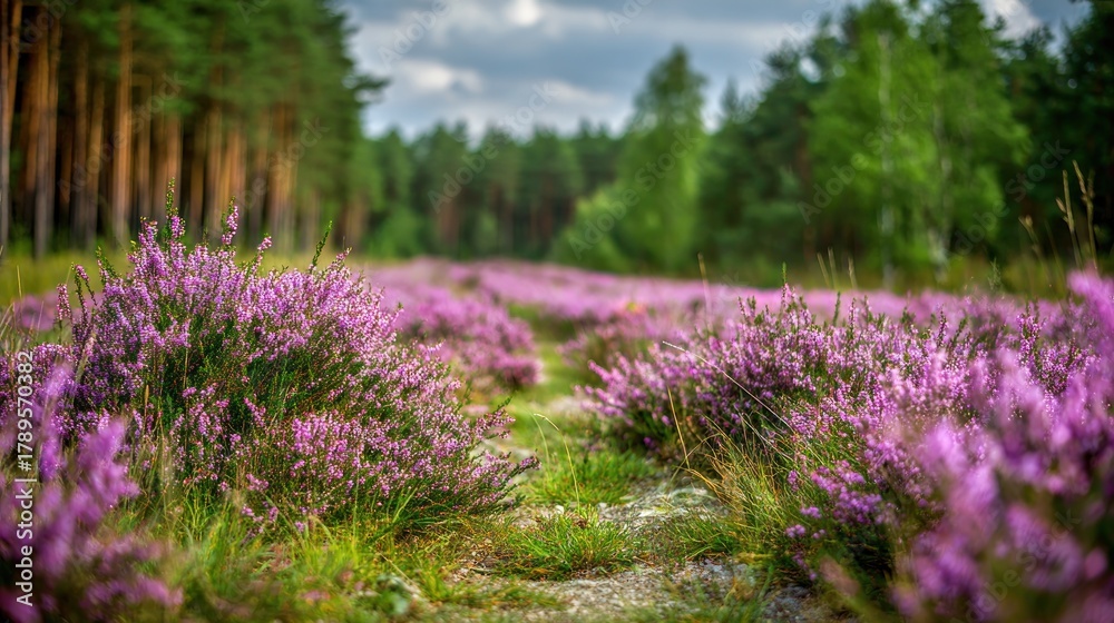 Fototapeta premium Vibrant Purple Heather Fields Amidst Green Forest Landscape
