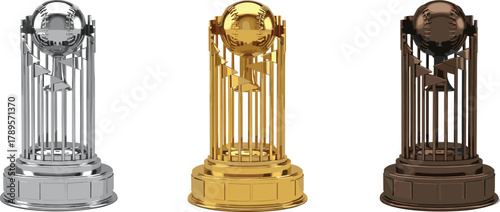 Baseball World Series Style Championship Trophy Set - Gold, Silver, Bronze