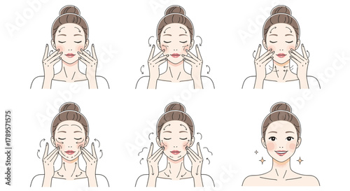 Illustration of a woman performing a facial skincare routine, showing steps for cleansing and applying product