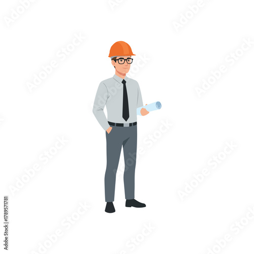Male architect cartoon wearing hard hat and glasses. Holding blueprints on construction site. Professional design