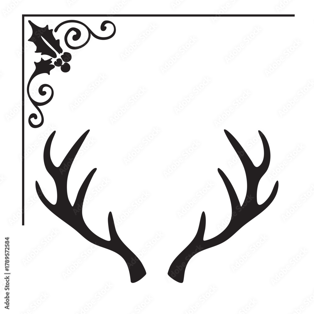 Obraz premium Festive corner design featuring reindeer antlers and holly sprig illustration