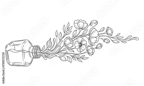 Elegant floral design flowing from glass bottle line art illustration, vector.