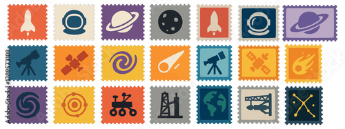 Space Exploration Themed Stamps Collection with Rockets, Planets, and Satellites