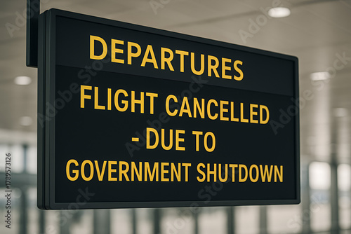 Airport terminal scoreboard showing “Flight Cancelled – due to government shutdown”