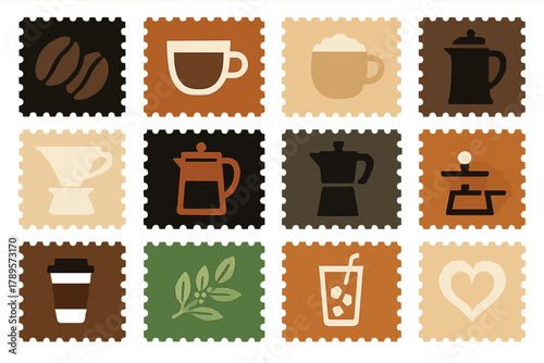 Coffee Icons Set with Stamps Featuring Cups, Beans, and Brewing Equipment