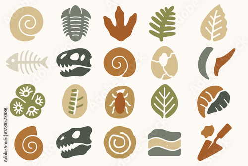 Nature and Fossil Icons Collection with Leaves, Shells, and Bones