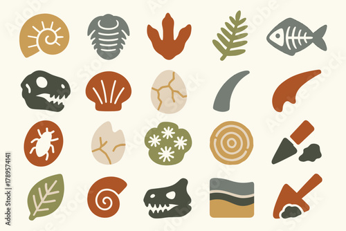 Nature and Fossil Icons Collection with Leaves, Shells, and Bones