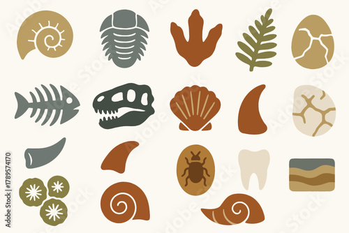 Nature and Fossil Icons Collection with Leaves, Shells, and Bones